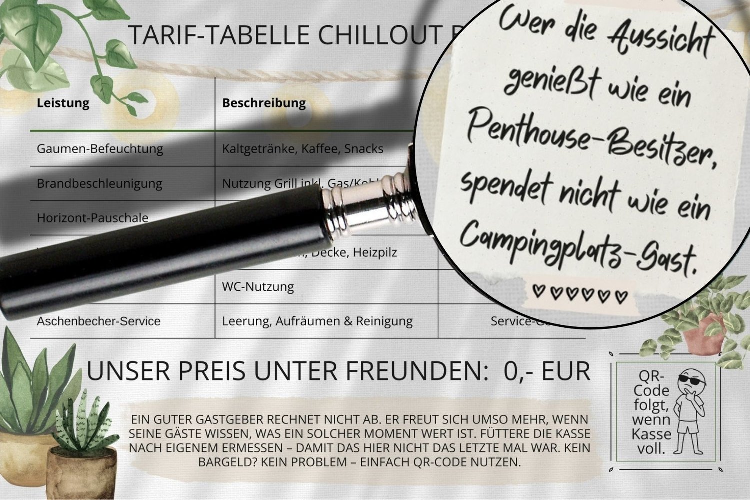 Detailansicht der Terrassen-Preisliste, Lupe zeigt einen humorvollen Spruch über Penthouse-Besitzer und Campingplatz-Gast