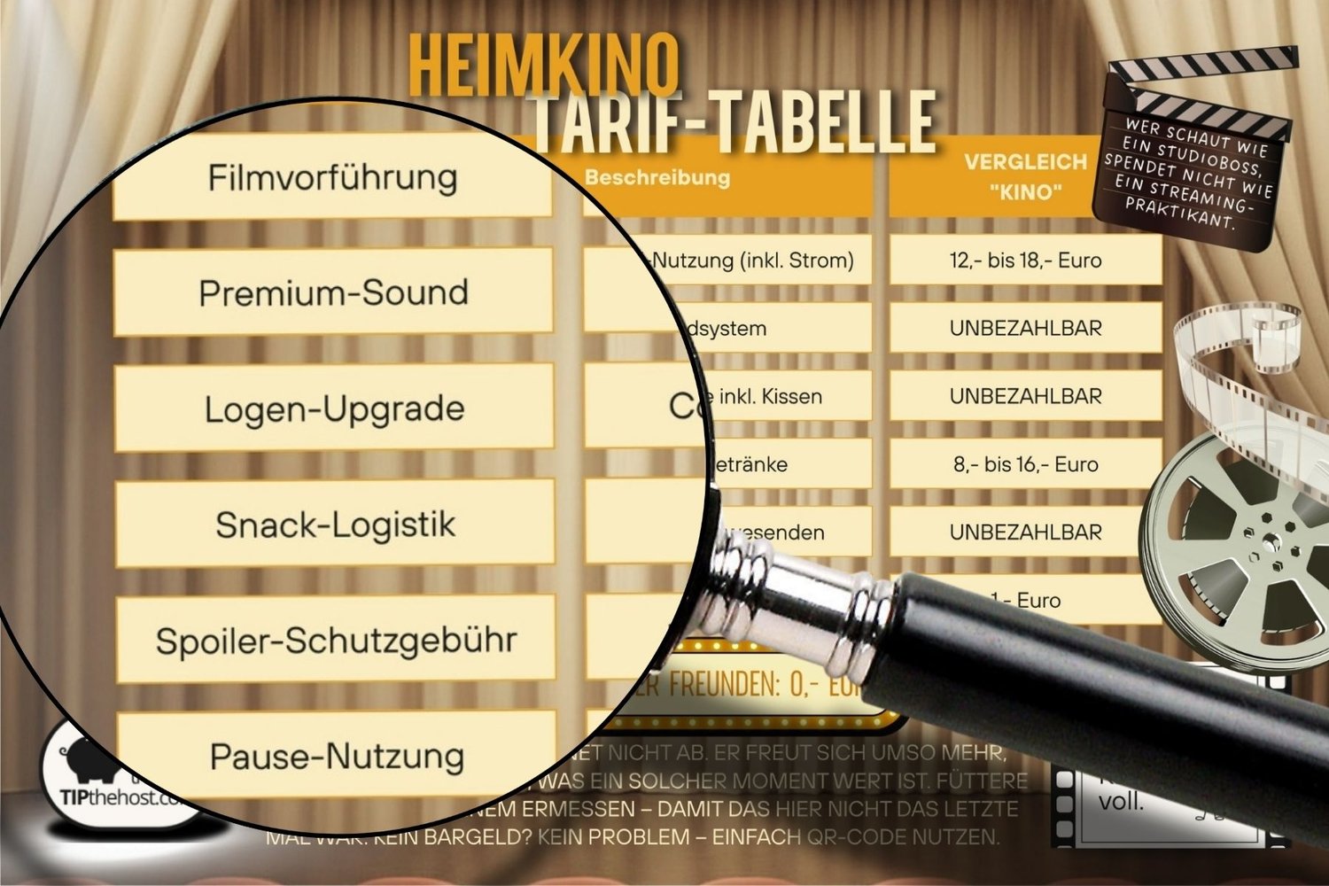 Detailansicht der Heimkino-Preisliste in der hellen Variante, Lupe zeigt die Leistungen von Filmvorführung bis Pause-Nutzung