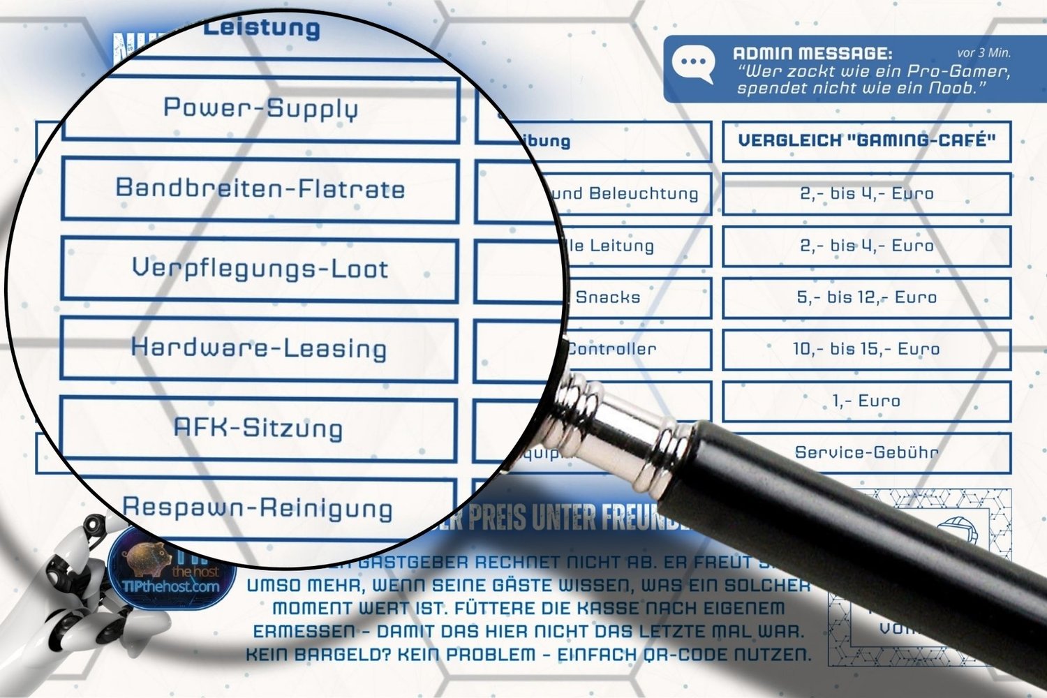 Detailansicht der Preisliste fürs Zockerzimmer in der hellen Variante, Lupe zeigt die Leistungen von Power-Supply bis Respawn-Reinigung