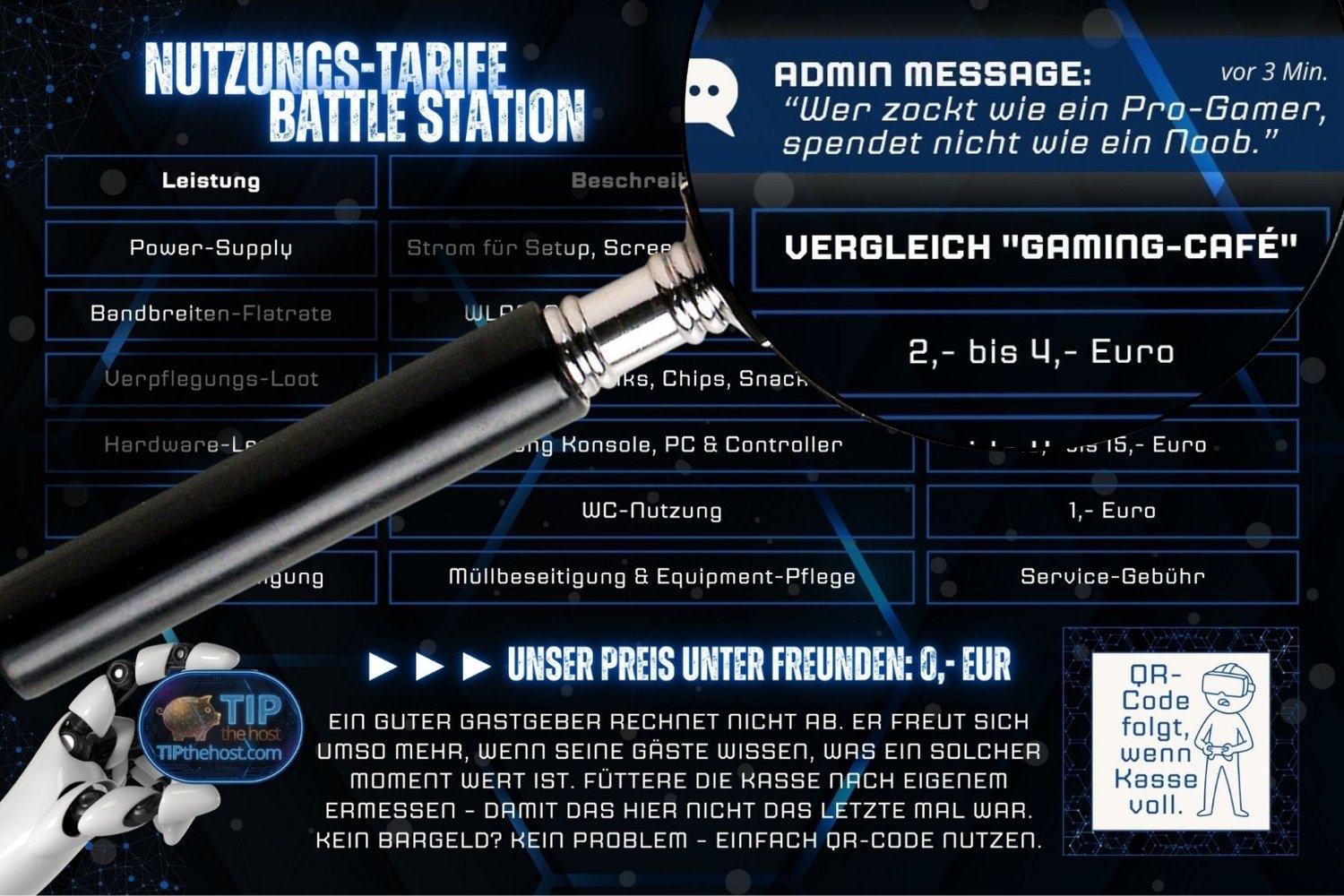 Detailansicht der Setup-Preisliste in der dunklen Variante, Lupe zeigt eine humorvolle Admin-Message über Pro-Gamer und Noob