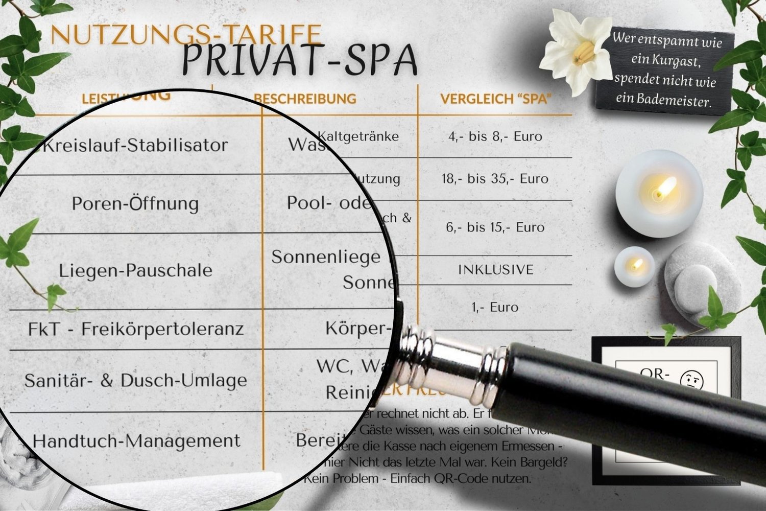 Detailansicht der Preisliste für die Sauna in der hellen Variante, Lupe zeigt die Leistungen von Kreislauf-Stabilisator bis Handtuch-Management