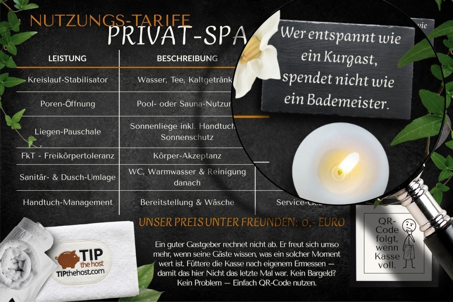 Detailansicht der Whirlpool-Preisliste in der dunklen Variante, Lupe zeigt einen humorvollen Spruch über Kurgast und Bademeister