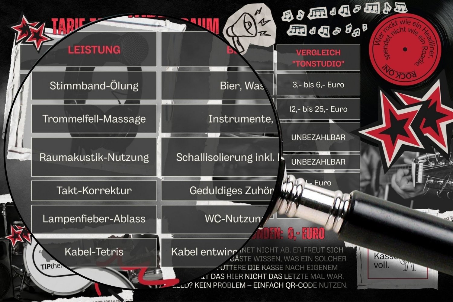 Detailansicht der Proberaum-Preisliste in der dunklen Variante, Lupe zeigt die Leistungen von Stimmband-Ölung bis Kabel-Tetris