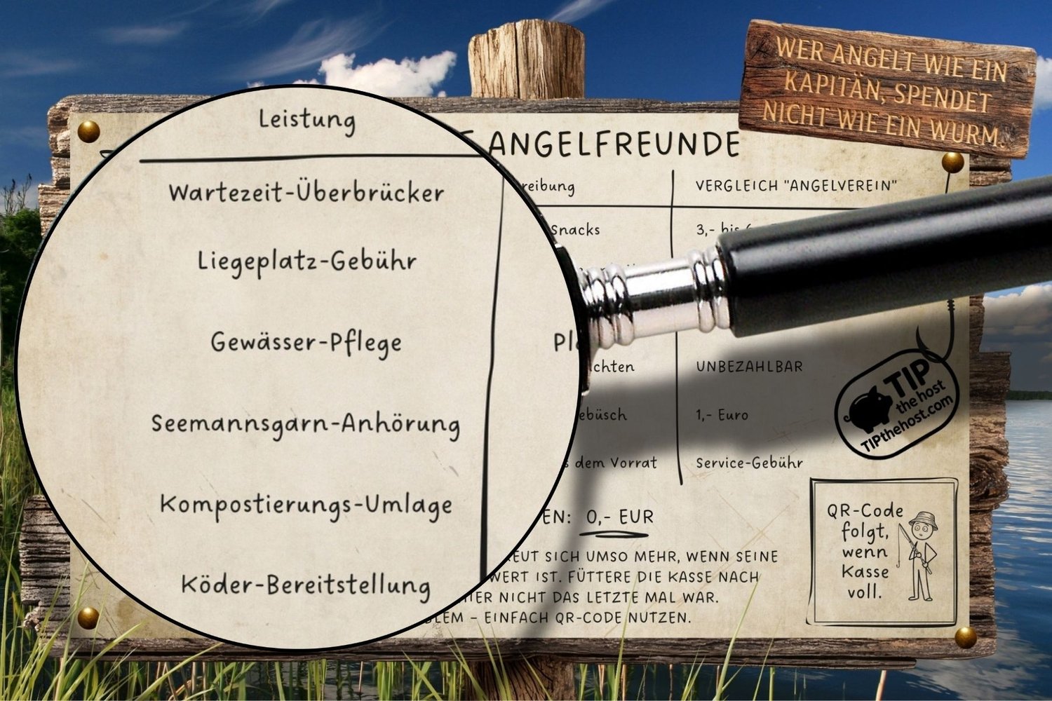 Detailansicht der Preisliste für den Steg, Lupe zeigt die Leistungen von Wartezeit-Überbrücker bis Köder-Bereitstellung