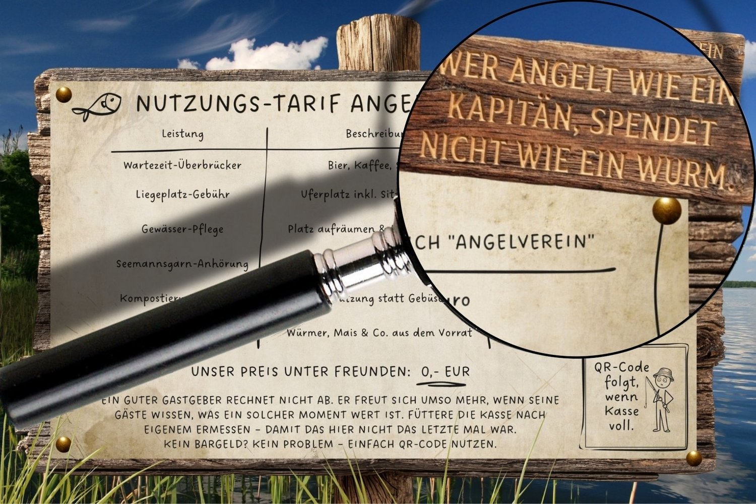 Detailansicht der Preisliste am Teich, Lupe zeigt einen humorvollen Spruch über Kapitän und Wurm auf einem Holzschild