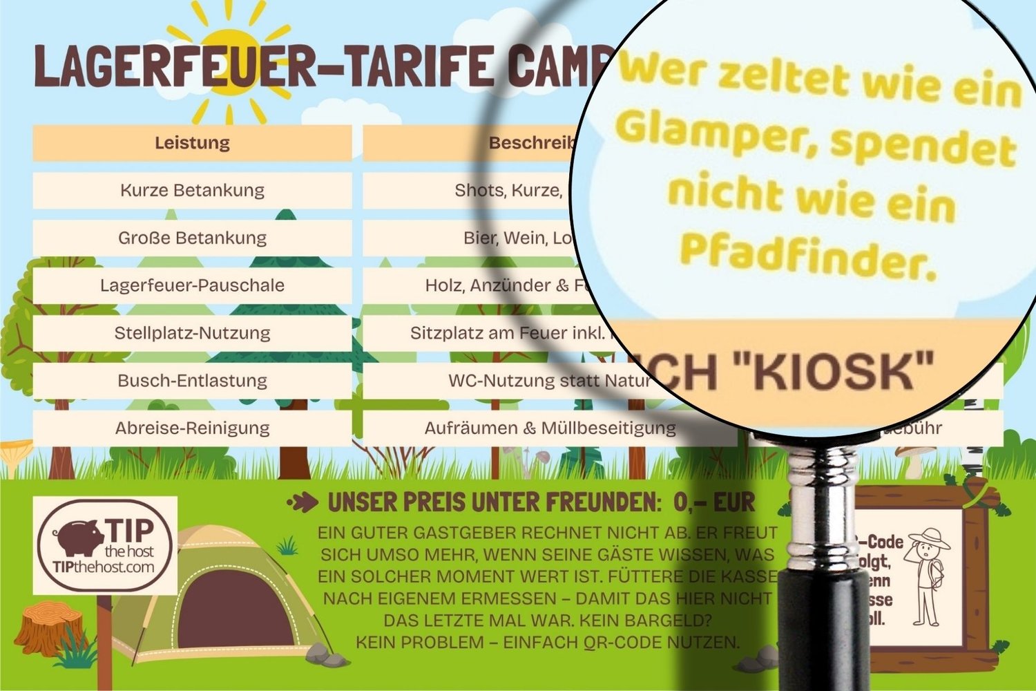 Detailansicht der Preisliste fürs Camping in der hellen Variante, Lupe zeigt einen humorvollen Spruch über Glamper und Pfadfinder