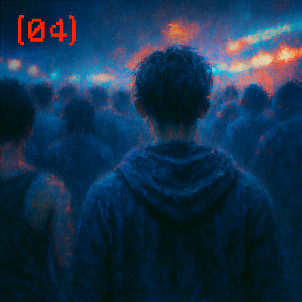 Dunkle, atmosphärische Illustration einer Person von hinten mit Hoodie in einer anonymen Menschenmenge auf einem nächtlichen Jahrmarkt. Neonlicht, Unschärfe und die Fragmentnummer [04] visualisieren Reizüberflutung, Isolation und Sensorbrand in ⊹ GLITCH:d