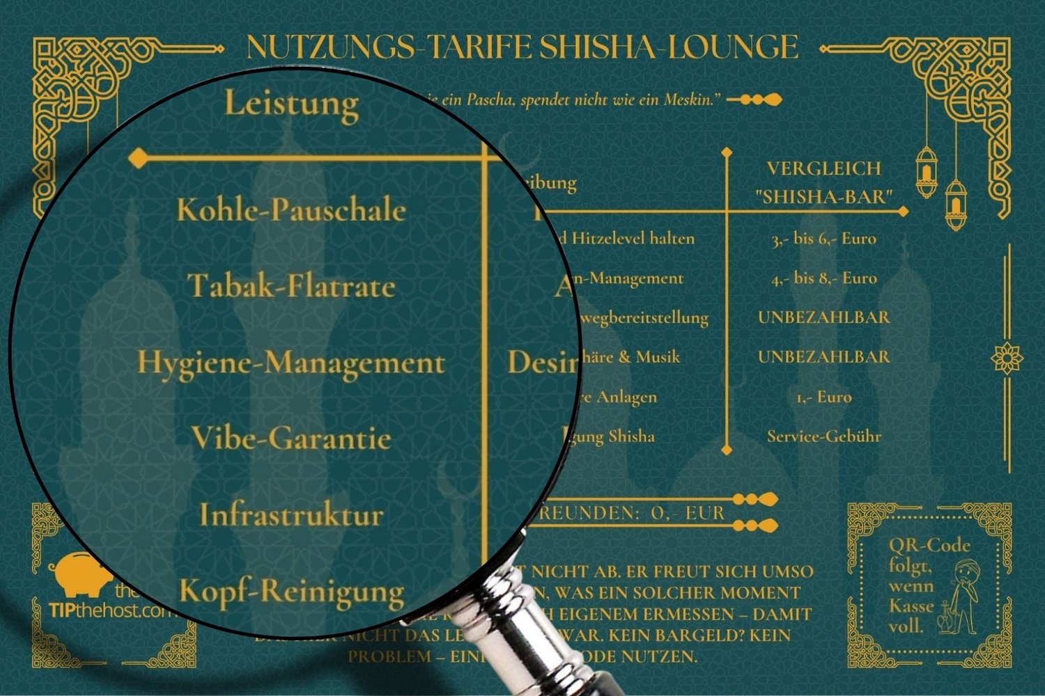 Detailansicht der Preisliste für die Shisha-Lounge in der dunklen Variante, Lupe zeigt die Leistungen von Kohle-Pauschale bis Kopf-Reinigung