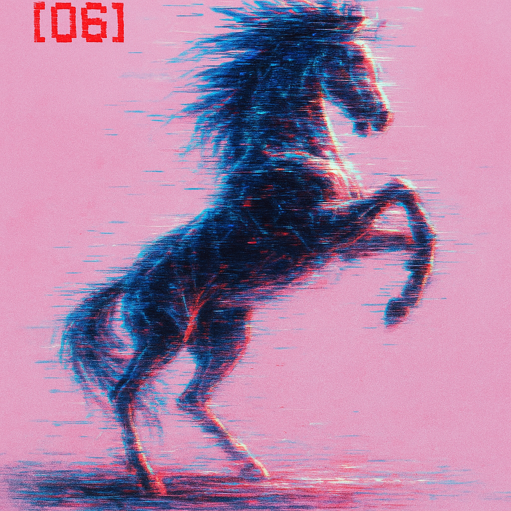 Digitale Glitch-Illustration eines aufsteigenden schwarzen Pferdes vor rosa Hintergrund. Die verzerrte, fragmentierte Optik und die rote Kennzeichnung [06] visualisieren Kontrollverlust, Schock und Systemstörung in ⊹ GLITCH:decoded.