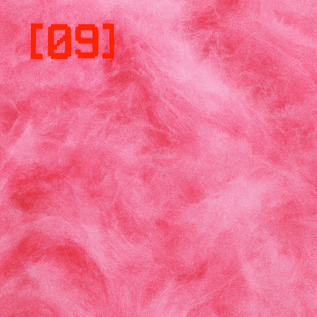 Abstrakte rosa Glitch-Textur mit körniger, wolkenartiger Struktur und der roten Fragmentnummer [09]. Das Bild steht für Kontaktabbruch, Verlust und die fallende Zuckerwatte als Symbol zerbrechender Kindheitsillusionen in ⊹ GLITCH:decoded.
