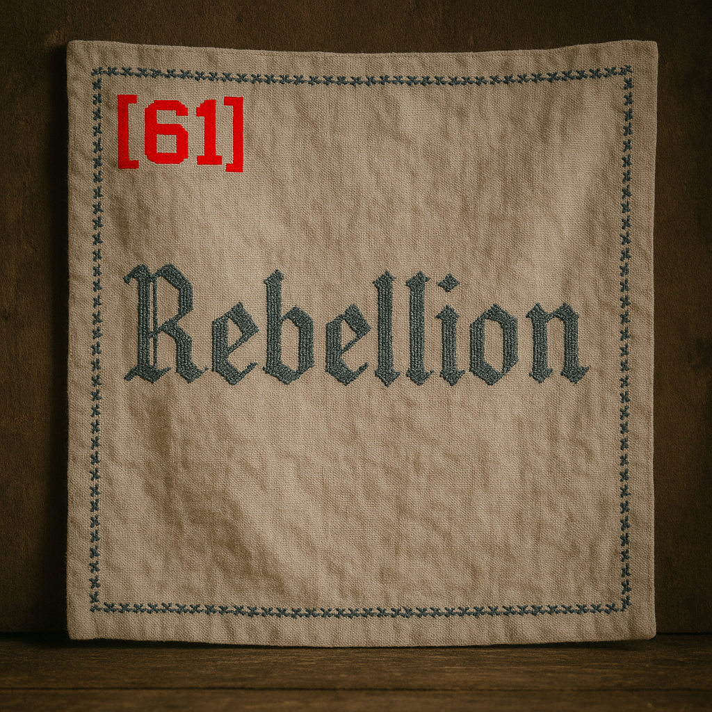 Beigefarbenes besticktes Stofftuch mit dem Schriftzug „Rebellion“ und der roten Fragmentnummer [61]. Das Motiv verbindet traditionelle Handarbeit mit Widerstand und weiblicher Rebellion in ⊹ GLITCH:decoded.