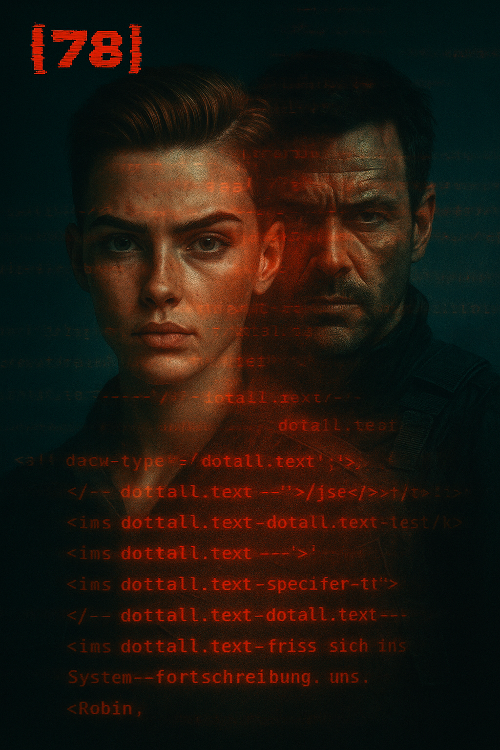 Düstere Glitch-Collage mit den überlagerten Porträts einer jungen Frau und eines älteren Mannes, durchzogen von rotem Programmcode. Fragment [78] visualisiert Identität, Beobachtung und die Auflösung der Grenze zwischen Figur, Autorin und System in ⊹ GLIT