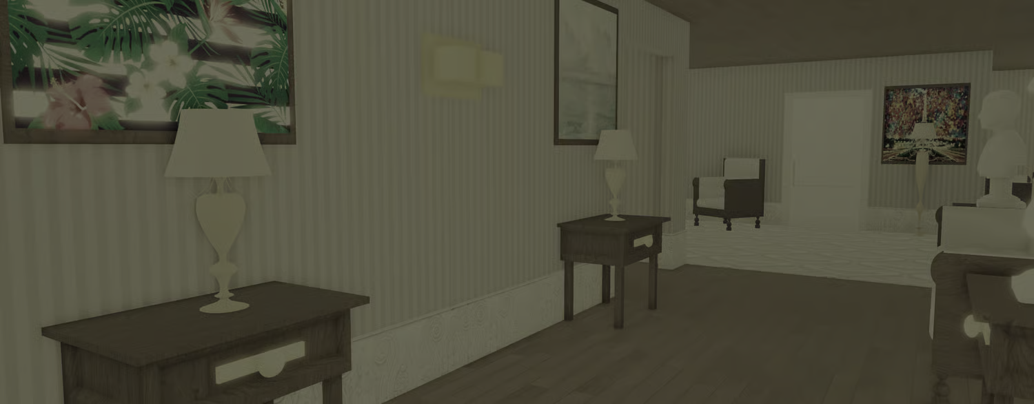 Living room seating with decorative shelving and artwork
