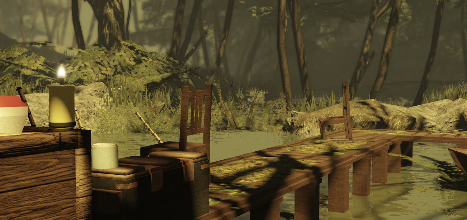 Fishing dock lamps crates and rods near water