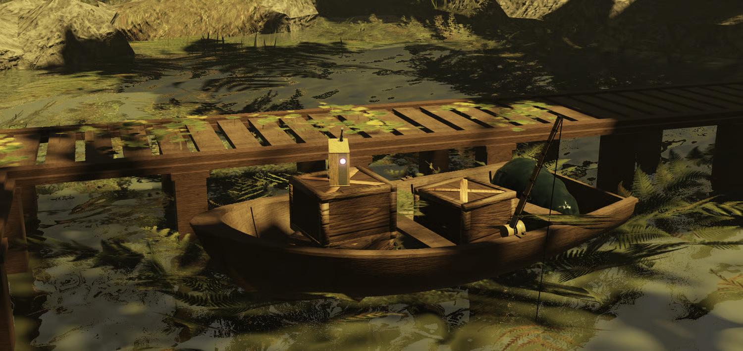Wooden fishing boat beside elevated swamp dock