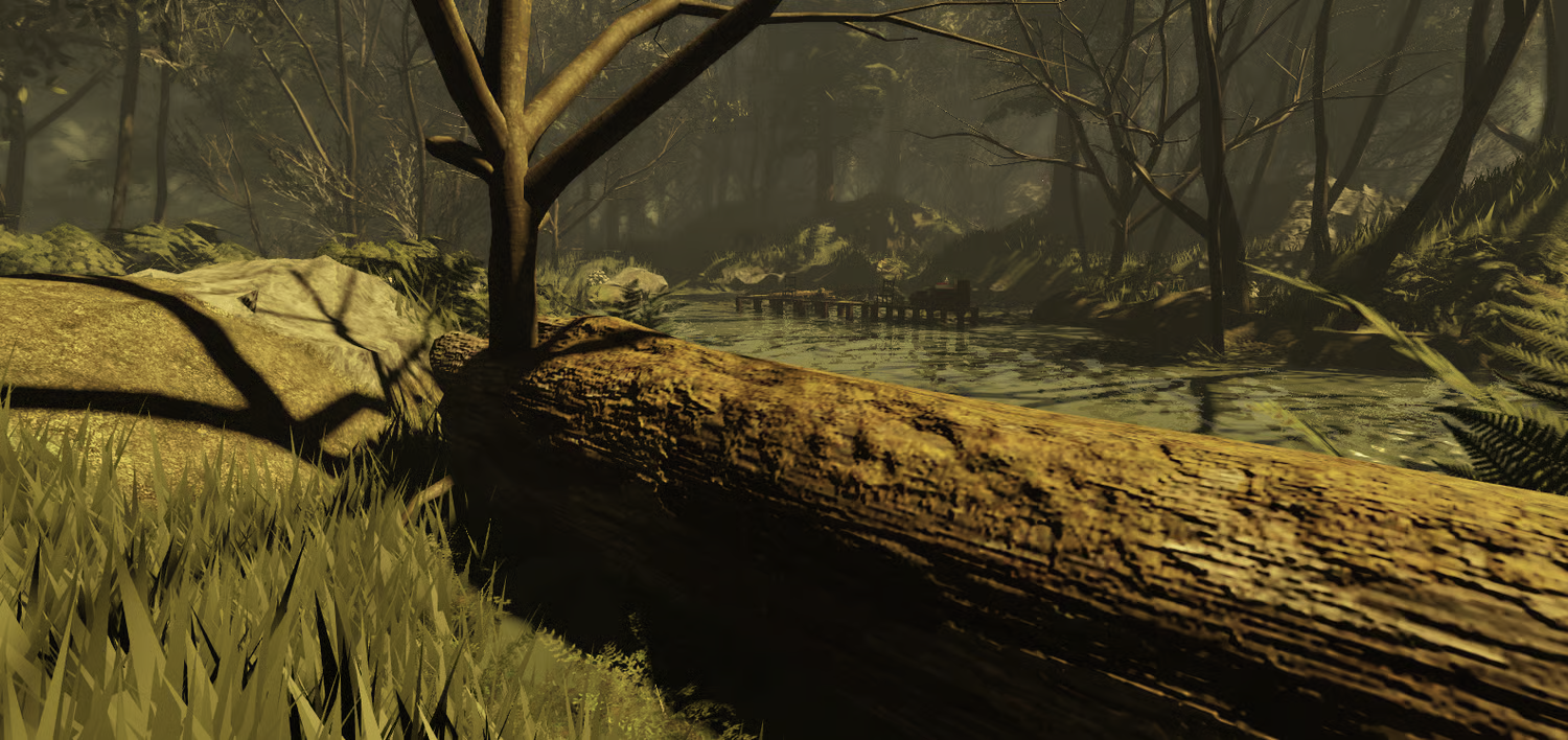Realistic swamp water surrounded by dense trees