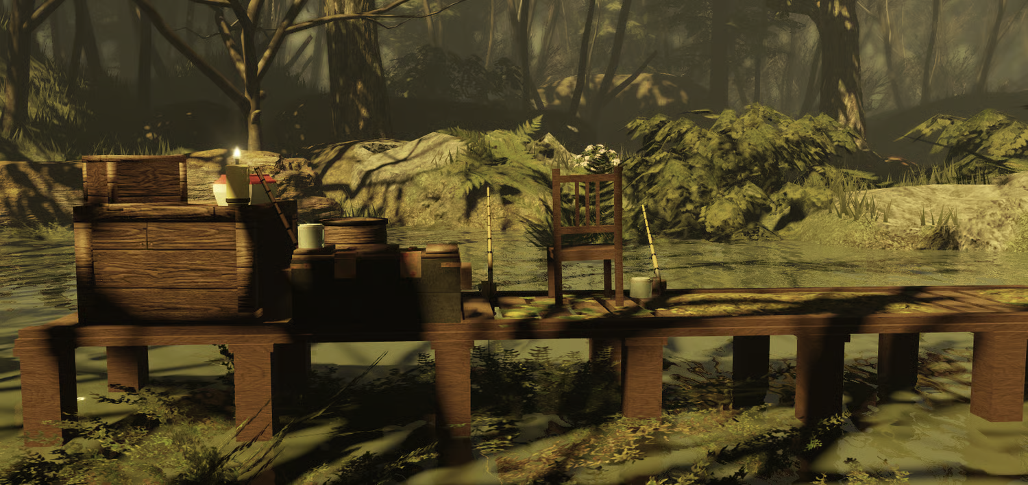 Dense woodland vegetation surrounding realistic swamp waterways