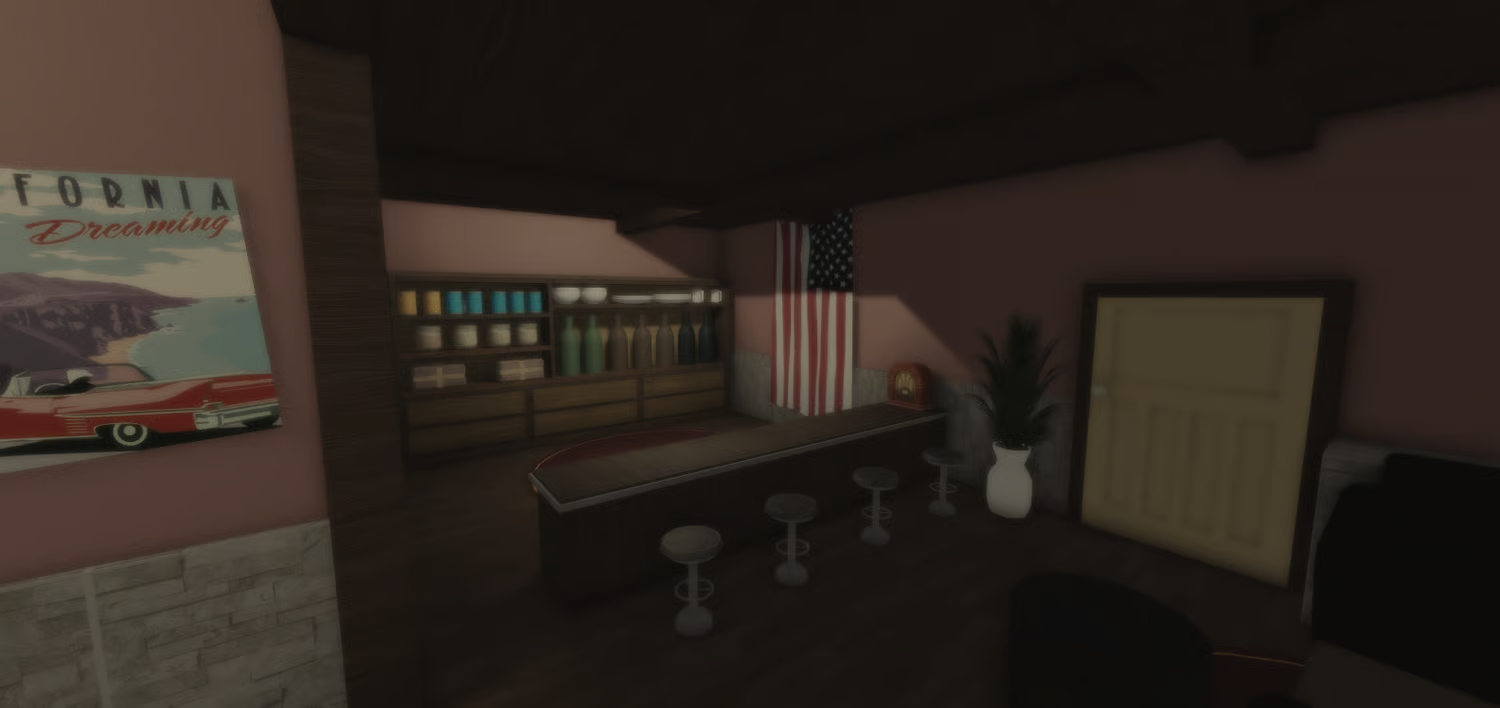 Classic mobster bar interior with counter and stools