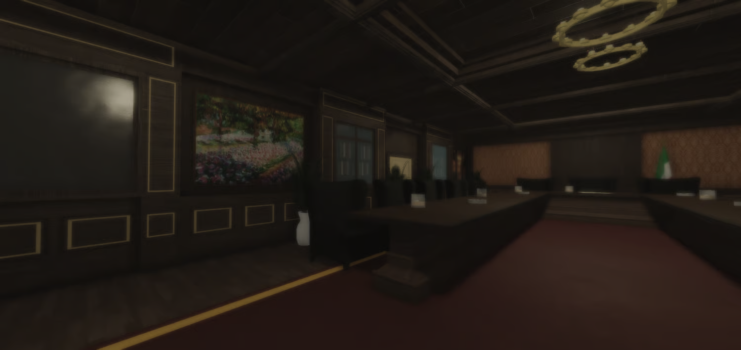 Large meeting room with conference table and chairs