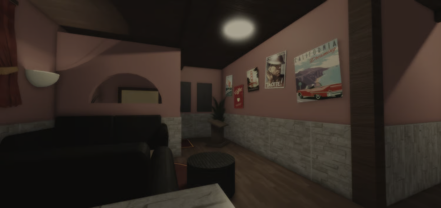 Lounge area with sofas, tables, curtains, and lamps