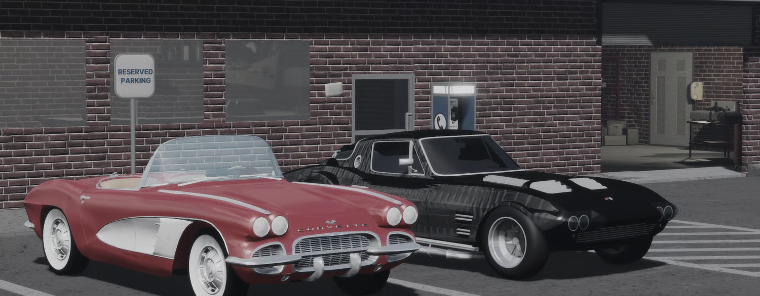 Vintage cars parked outside detailed brick auto shop