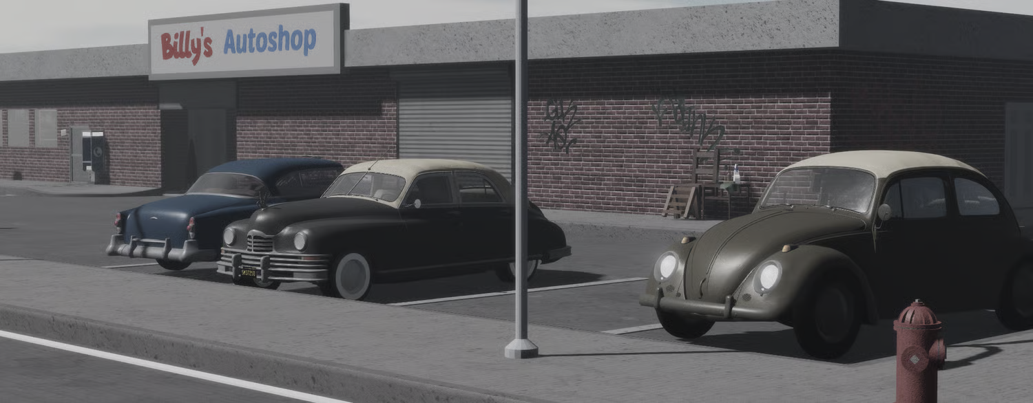 Mobster auto repair shop exterior with five vintage cars
