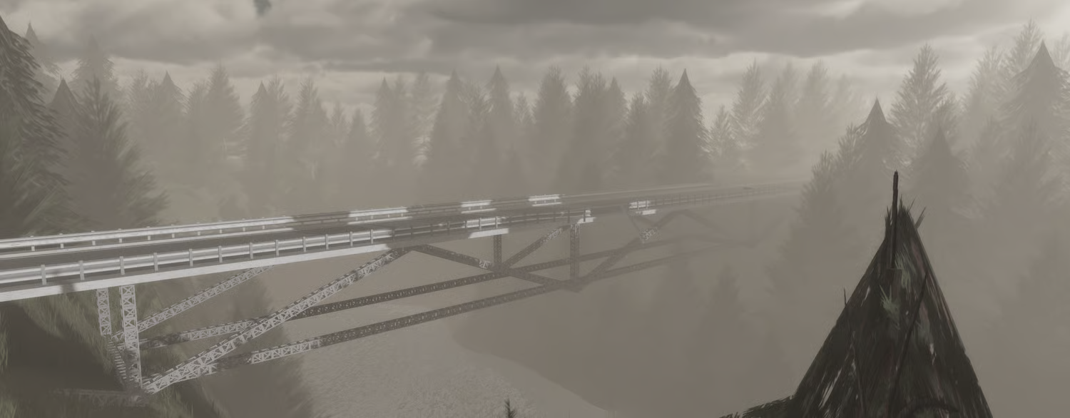 Foggy forest bridge crossing over a mountain river