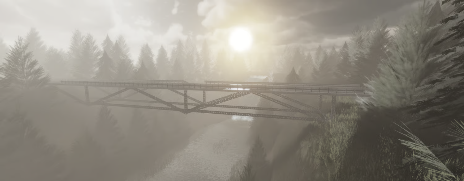 Evergreen forest and river beneath the elevated bridge