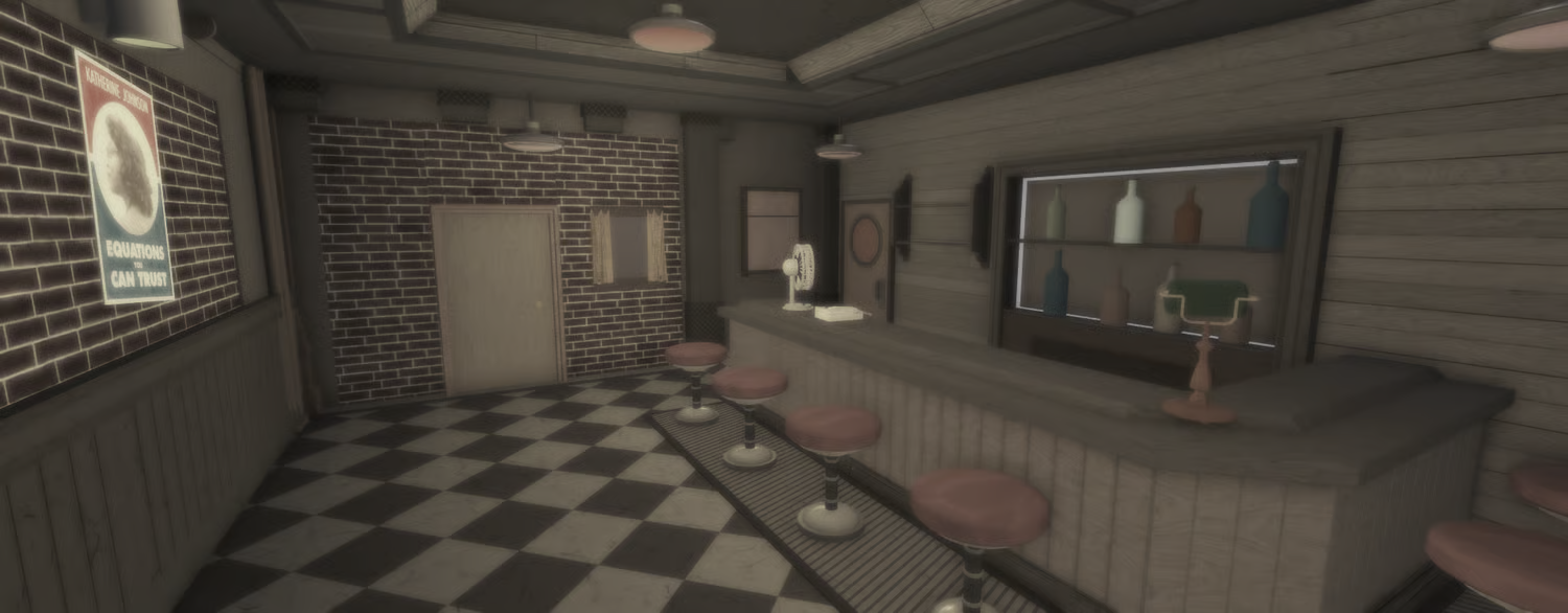 Detailed bar interior with counter and stools
