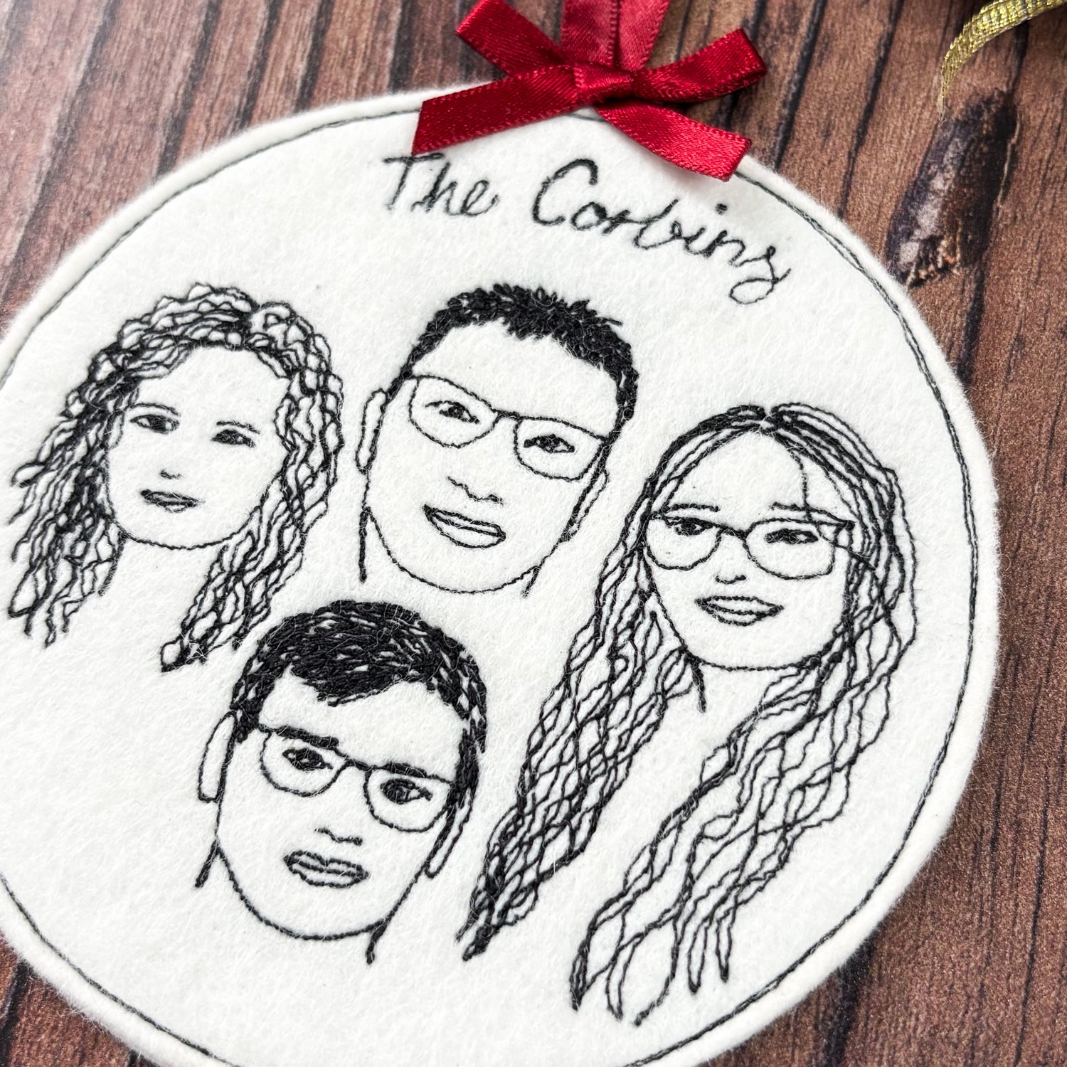 Close up of The Corbins Stitched Portrait Bauble