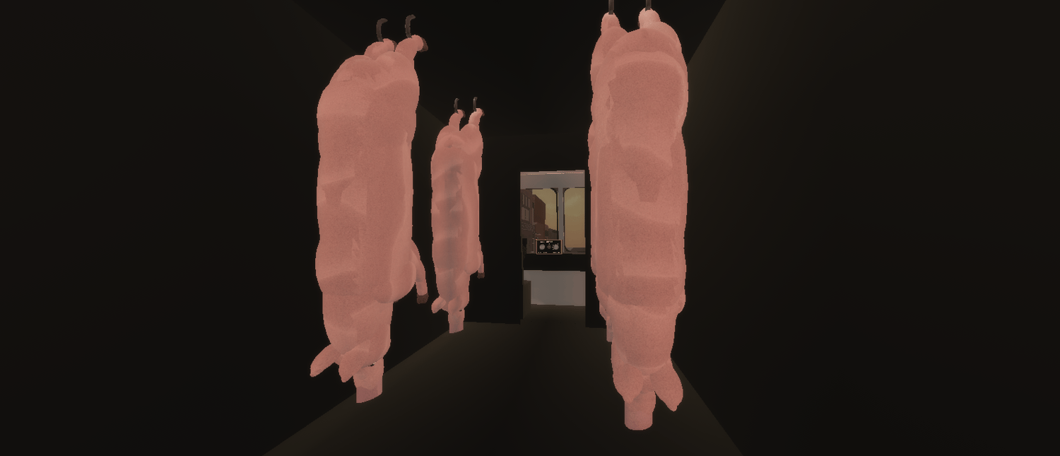 Butcher van with pigs inside parked nearby