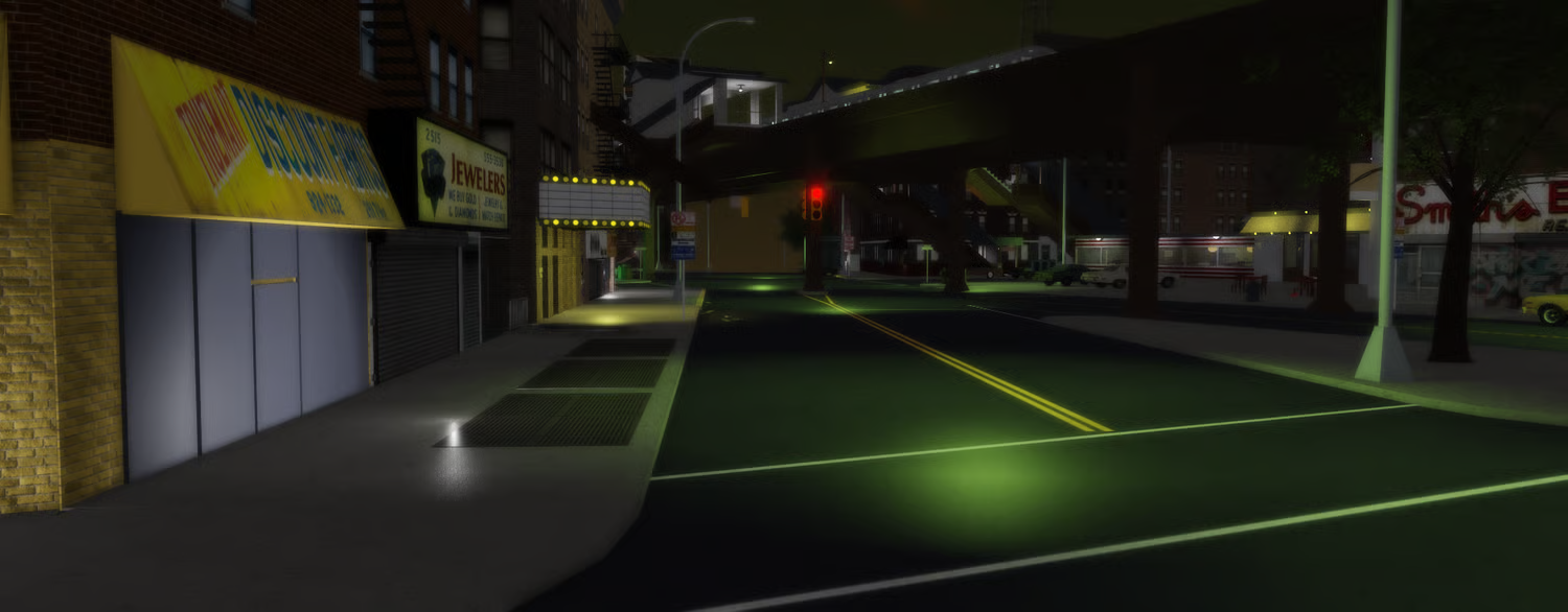 Retro 1980s Roblox nightclub and downtown street environment at night