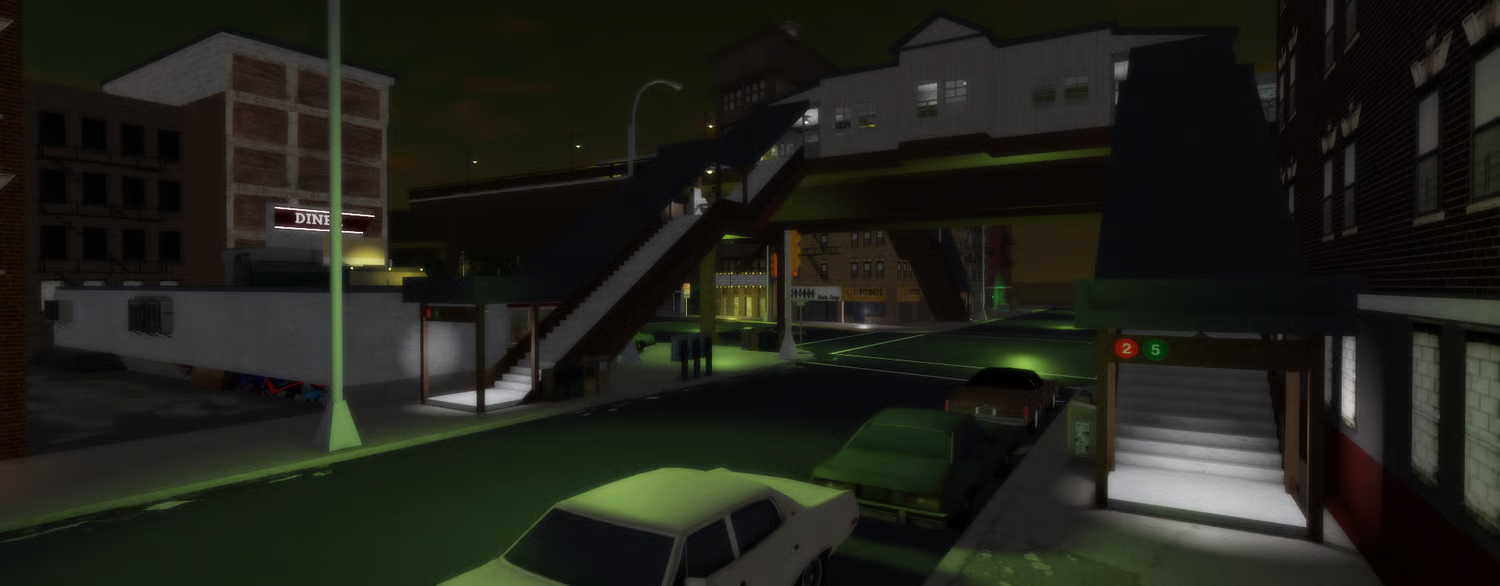 Baltimore-inspired Roblox urban roleplay map featuring a railway station