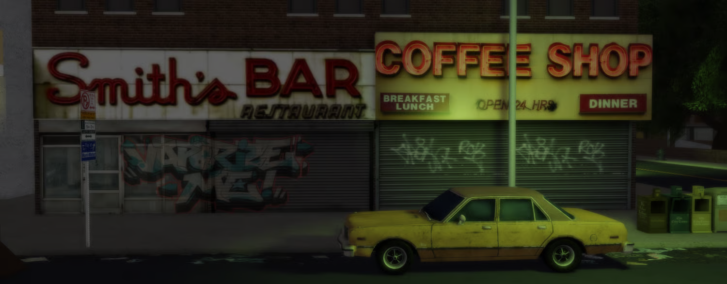 Atmospheric Roblox night city map with train station, clubs, and urban streets
