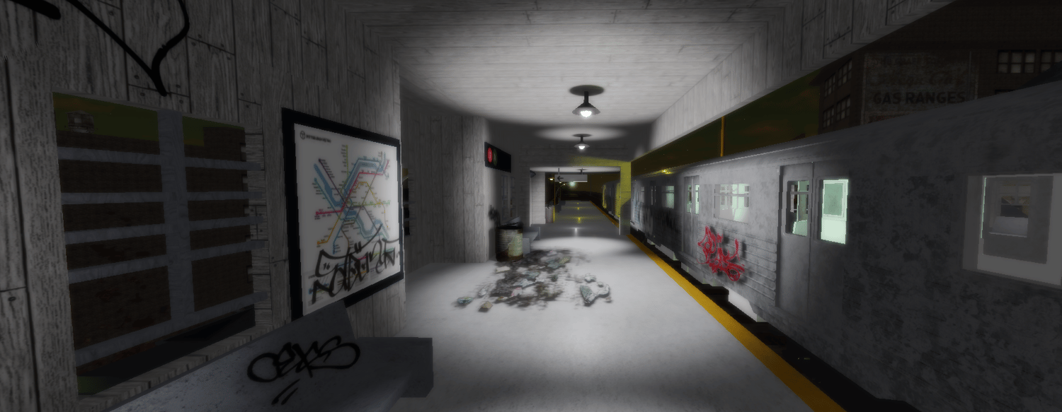 Atmospheric Roblox night city map with train station, clubs, and urban streets