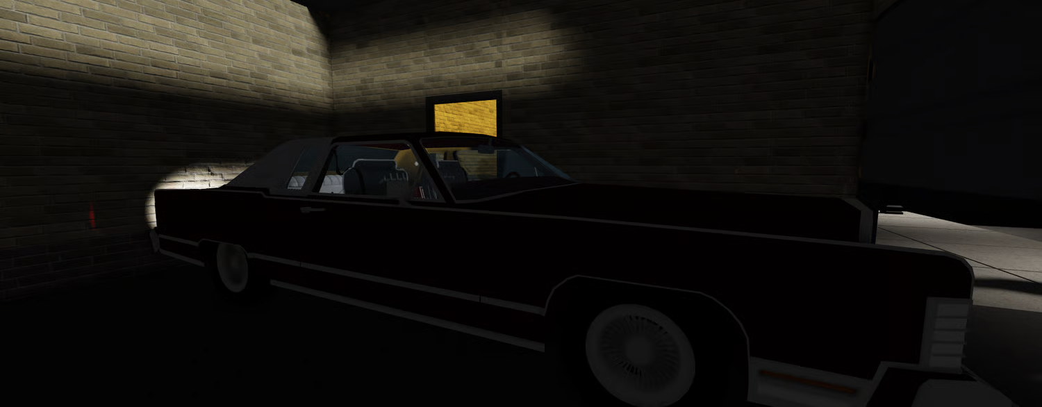 Isolated nighttime Roblox mobster hideout beside a quiet road