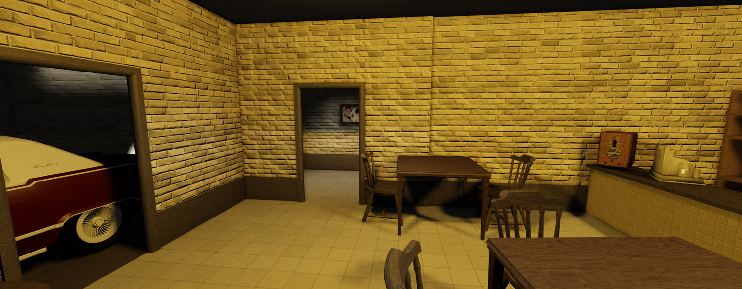 Detailed 1950s vintage car inside a Roblox crime bar garage