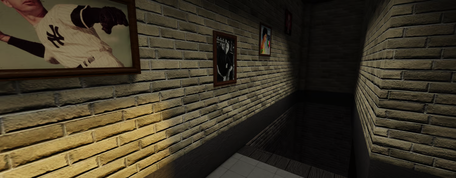 Retro Roblox bar interior with classic furniture and warm lighting