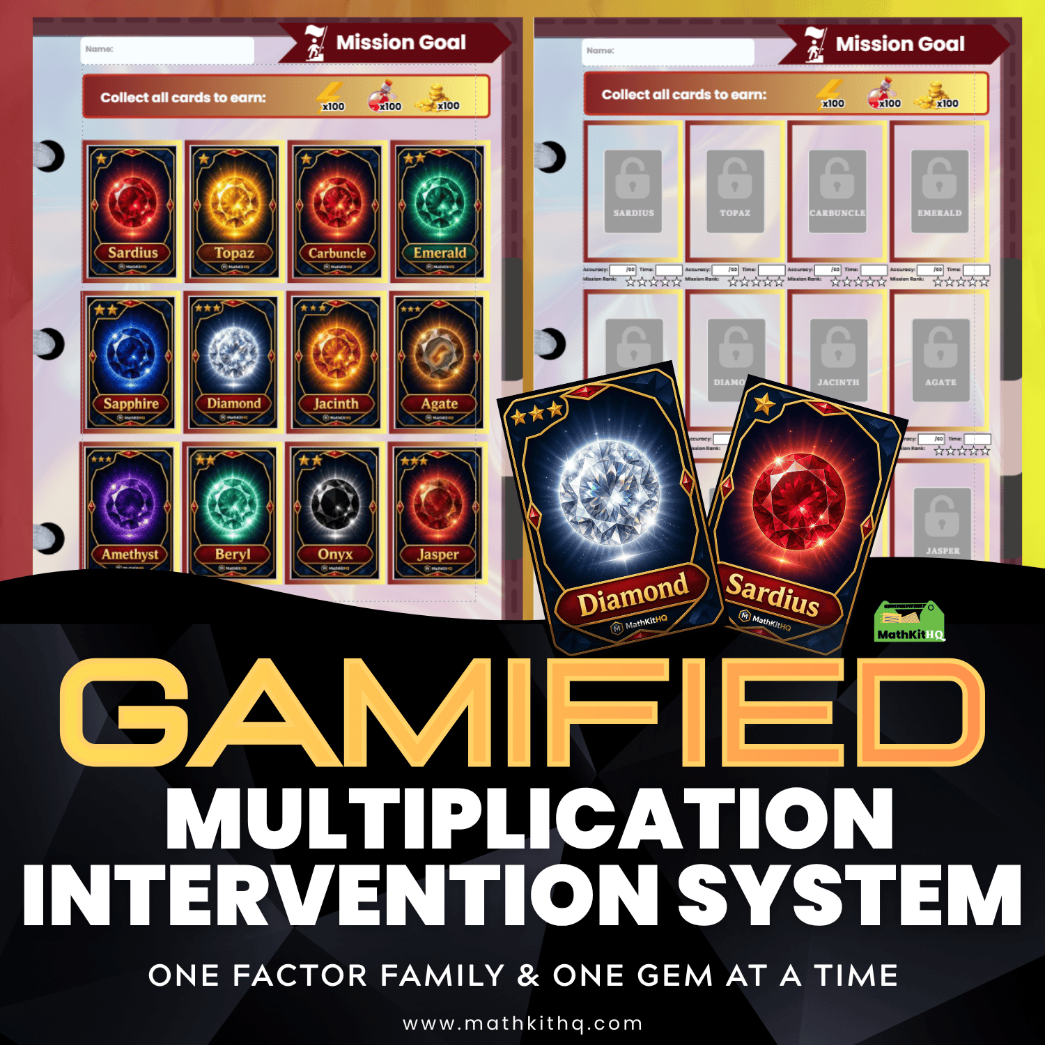 Gamified Multiplication Intervention System with 12 rare gems that students collect after solving multiplication of positive and negative numbers