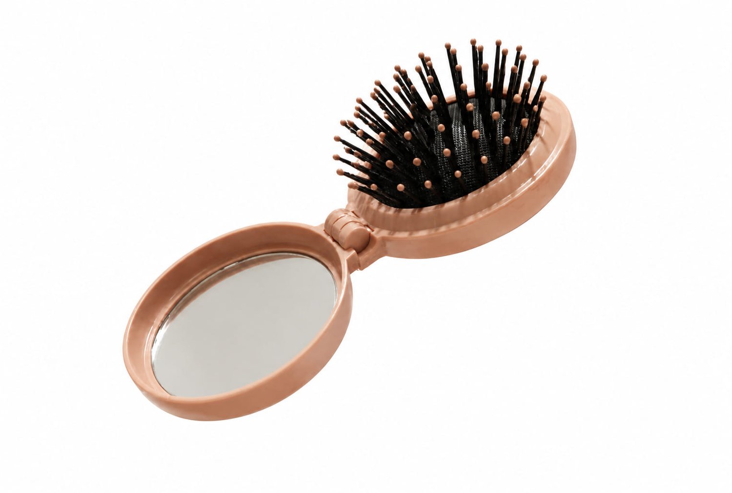 Open pink 2-in-1 compact showing round mirror and pop-out hairbrush with rounded bristles