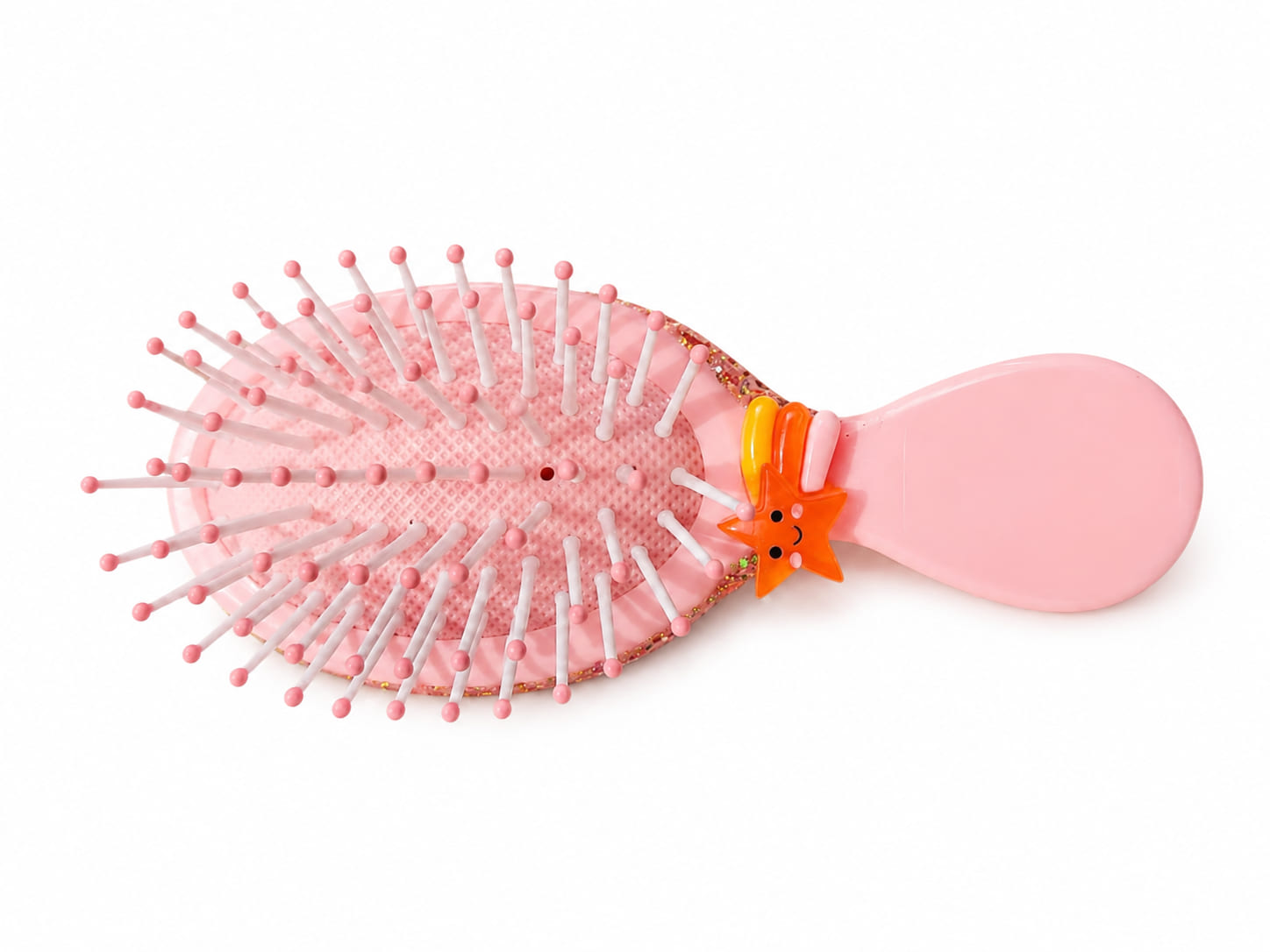 Pink cushioned detangling hairbrush with flexible ball-tipped bristles and pink handle