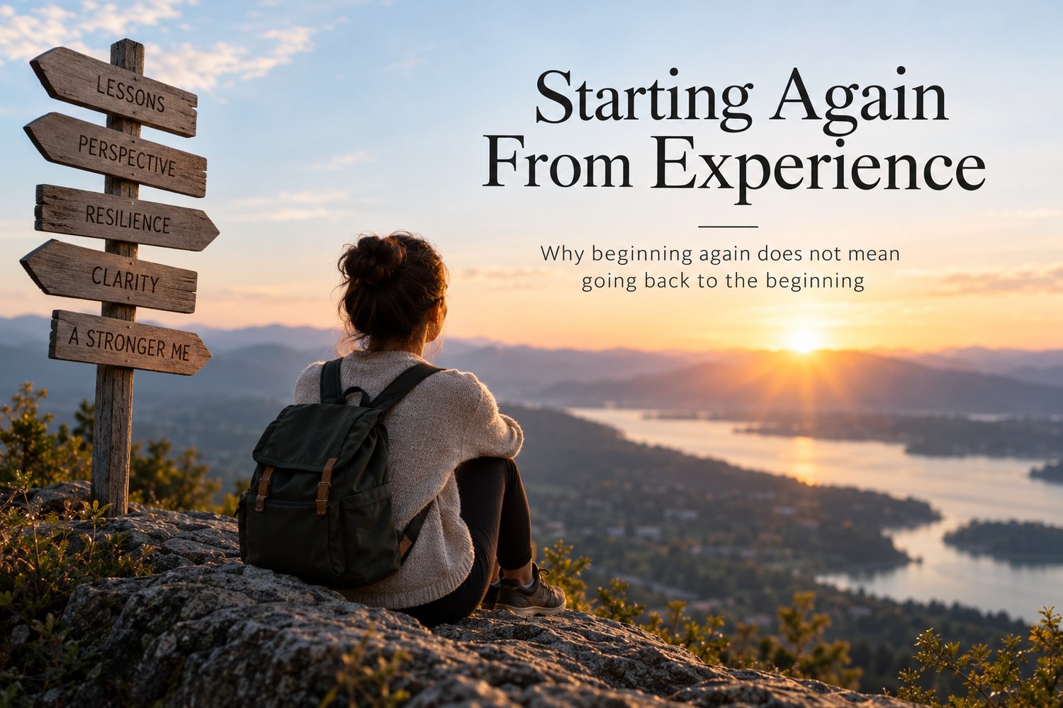 Woman overlooking a mountain landscape at sunrise beside a signpost representing lessons, perspective, resilience and clarity when starting again from experience.