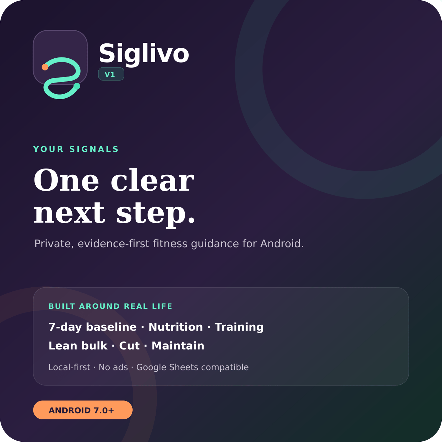Siglivo V1 Android fitness tracker app showing profile, body goals, weight target, strength schedule, and daily step goal.