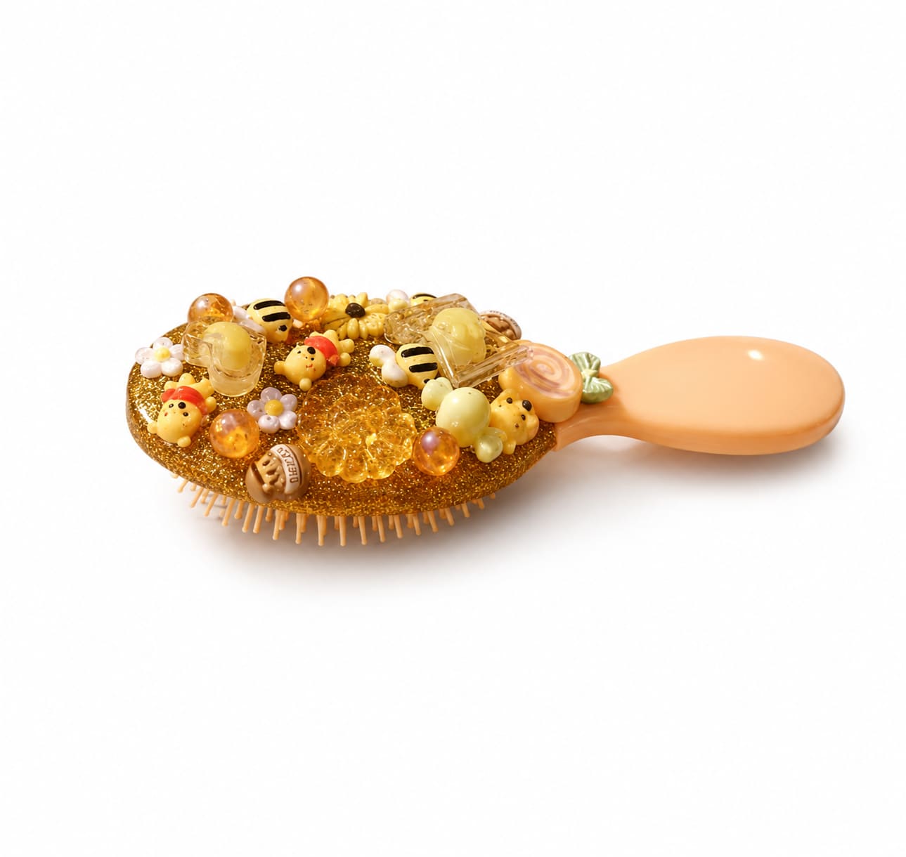 Hand-decorated resin hairbrush with Winnie the Pooh-style bears, bumblebees, flowers and golden honey glitter