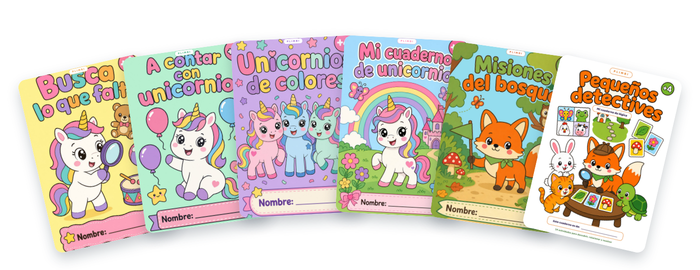 Los seis cuadernos Plimbi en abanico: unicornios, bosque y lógica, para peques de 4 a 6 años