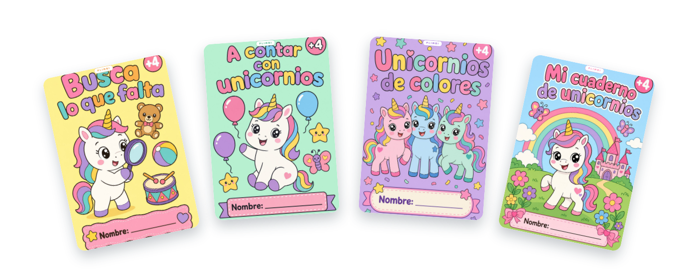 Los cuatro cuadernos de unicornios Plimbi para peques de 4 a 6 años