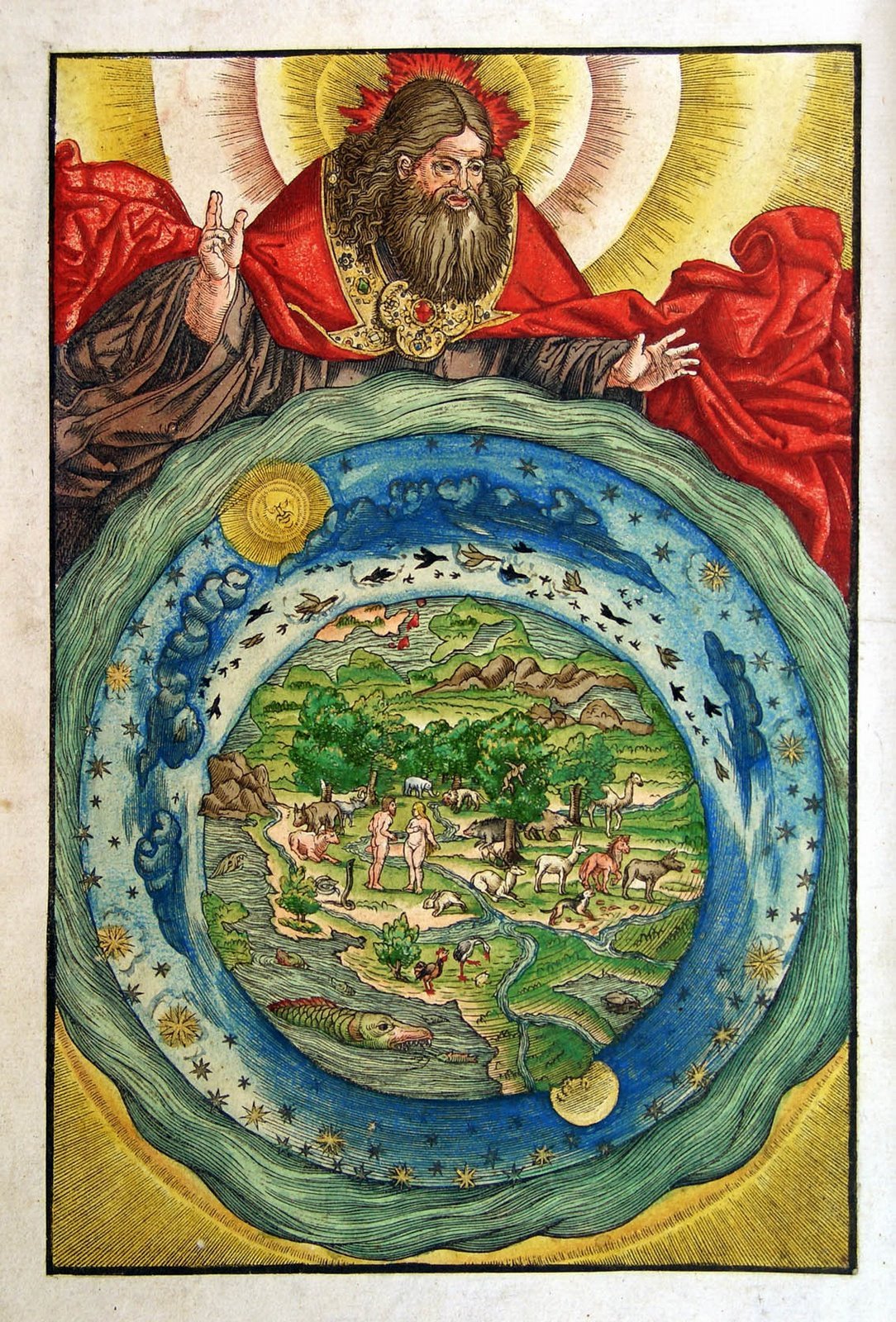 An image of a round world surrounded by sky with God the Father above it.