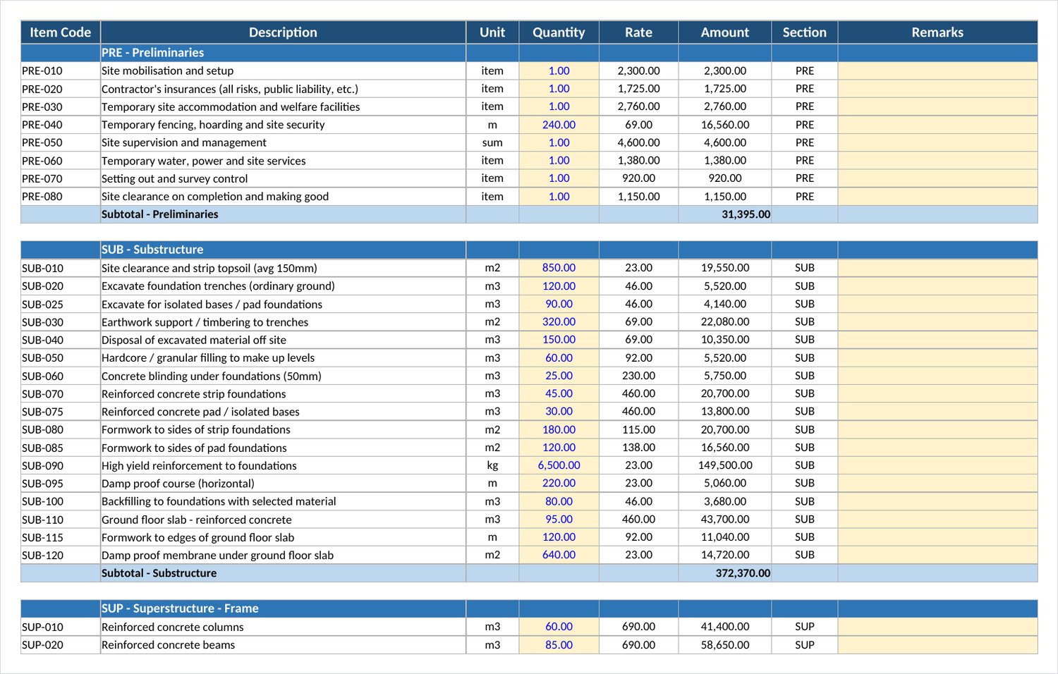 Bill of quantities sheet in POMI format showing preliminaries and substructure items with unit, quantity, rate, amount and section columns, and automatic subtotals