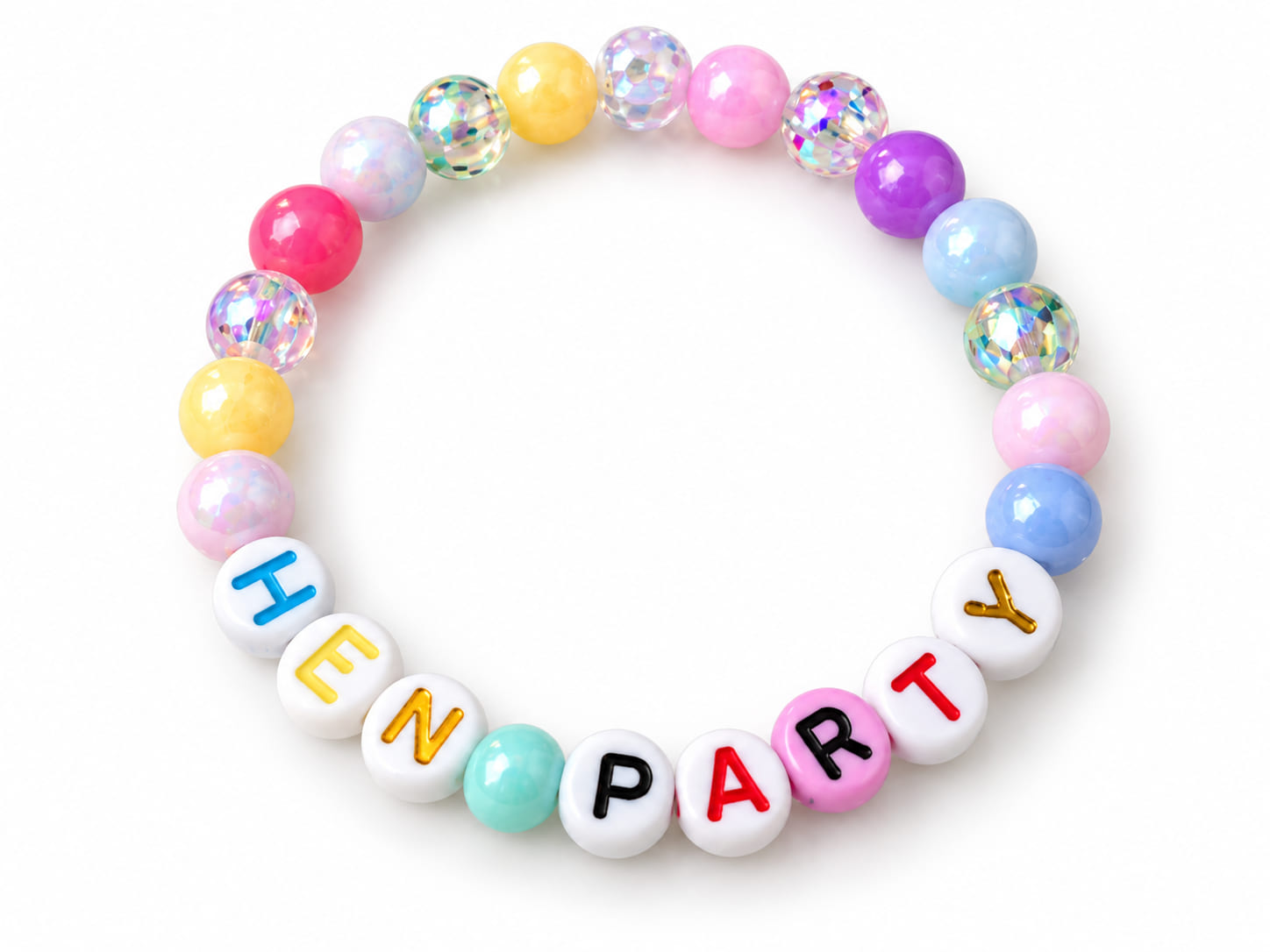A colorful Hen Party word bracelet featuring a playful mix of candy-colored pastel gumball beads and iridescent glitter acrylic beads.