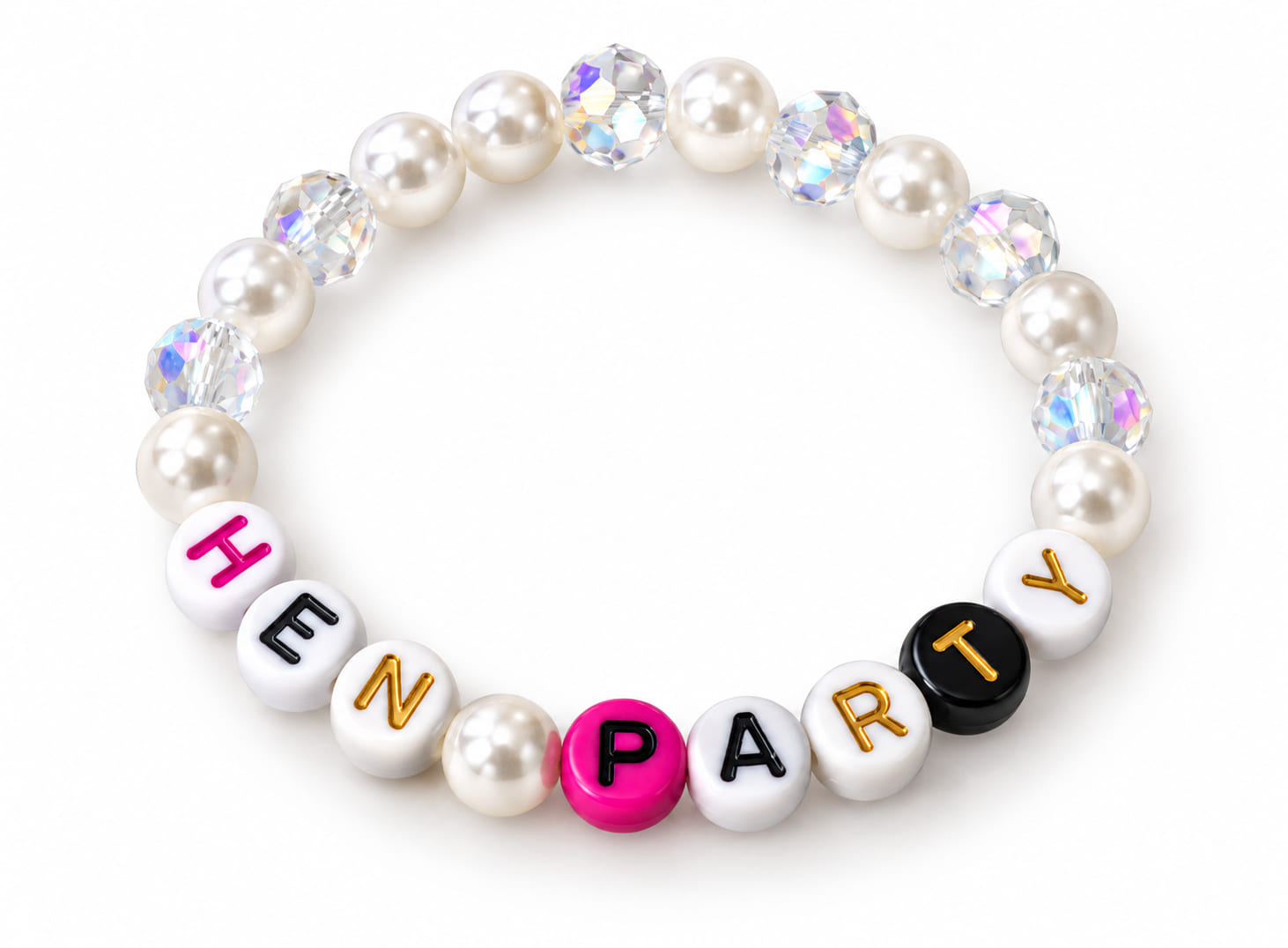 An elegant Hen Party beaded bracelet featuring classic lustrous white faux pearls and faceted iridescent Austrian crystal glass beads.